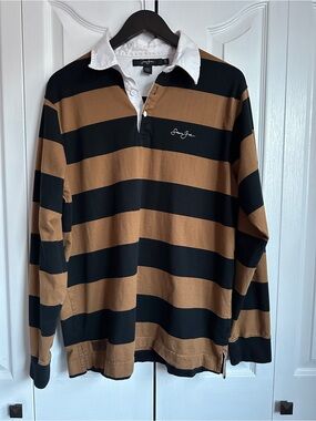 Vintage Sean John Black & Brown Striped Rugby Polo Long Sleeve XL